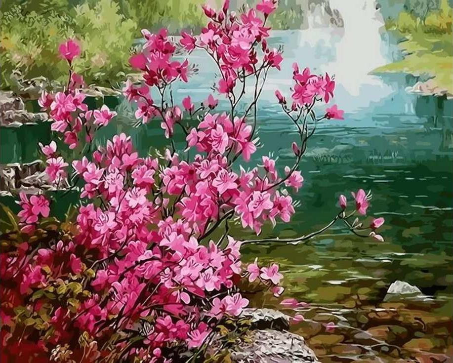 Картина по номерам "Цветущий куст у воды"